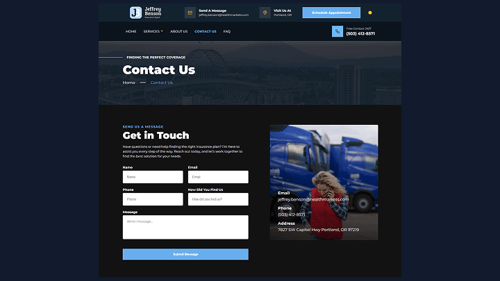 Contact page with dark mode switched on