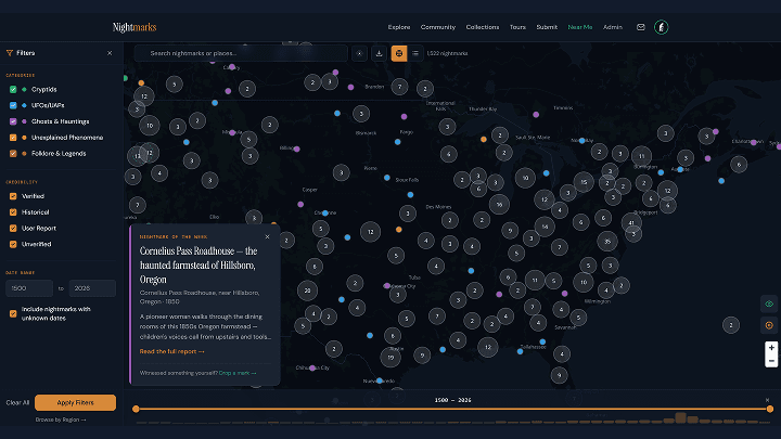 Map view — worldwide sightings with clustering