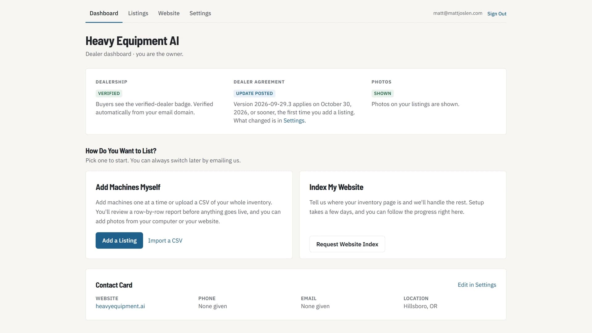 Dealer portal — account status and two ways to list inventory