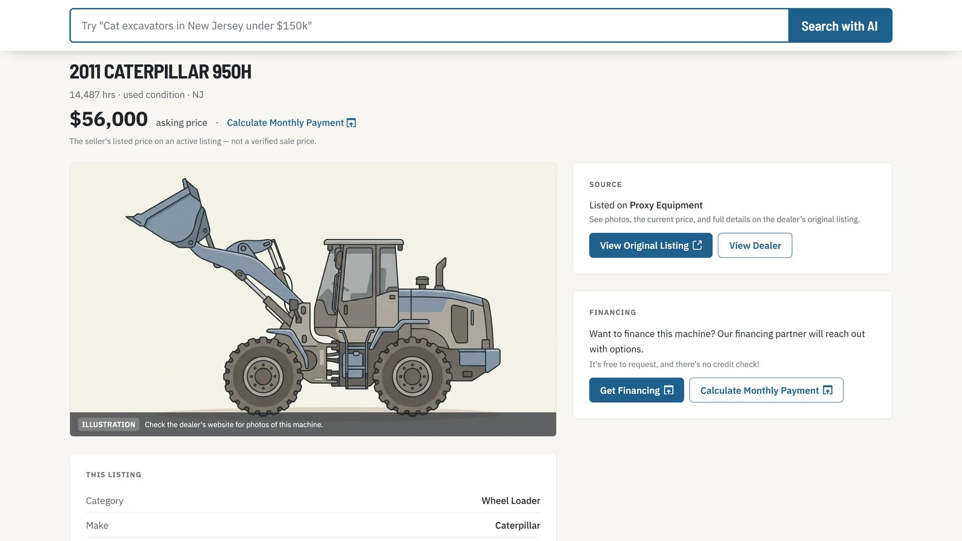 Listing page — category illustration, machine source, and financing panel