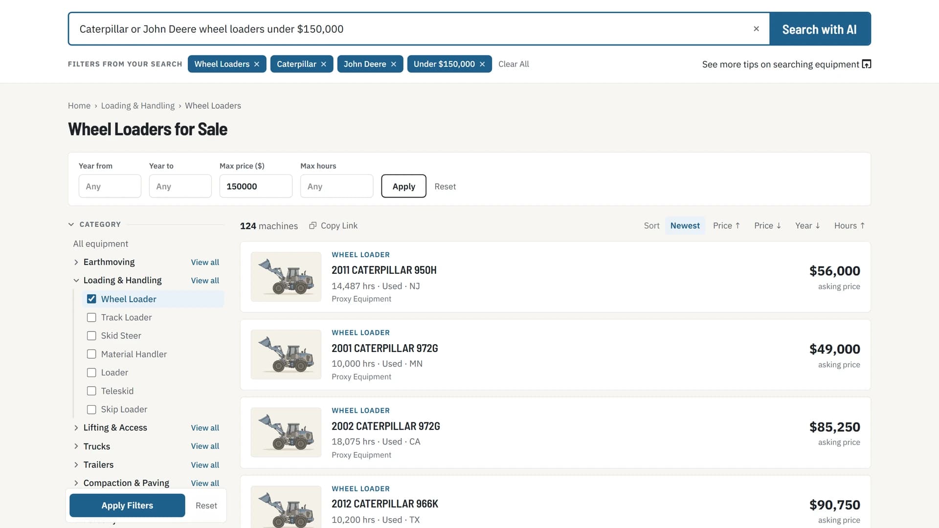 Search results — a buyer’s sentence turned into removable filter chips