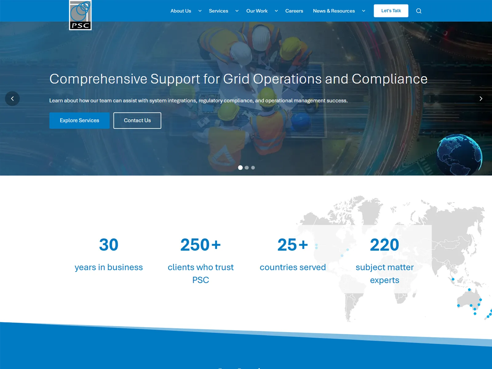 PSC Consulting home page: nav bar, the ‘Comprehensive Support for Grid Operations and Compliance’ hero, and on-site team photography.