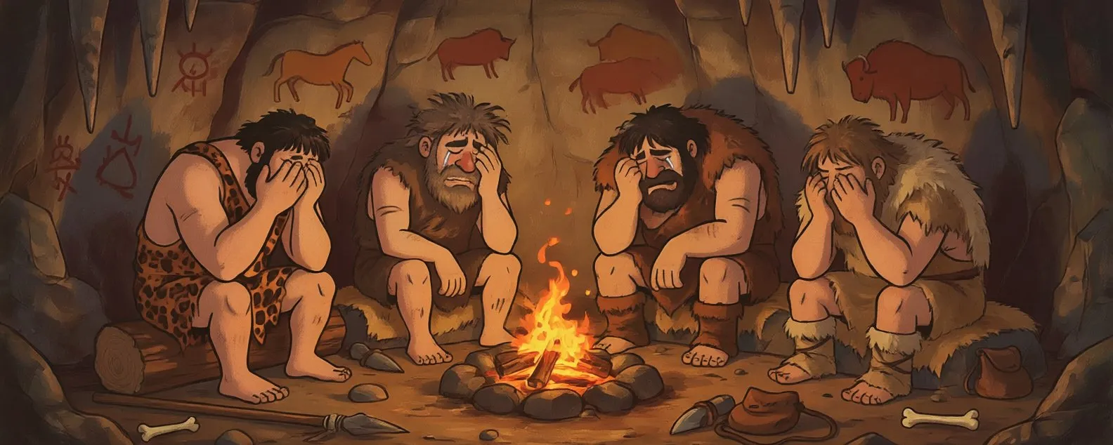 Cartoon cavemen sit around a fire with their hands covering their faces, cave paintings of animals visible on the wall behind them.